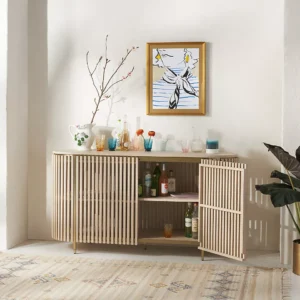 A wooden sideboard. A wooden console table.