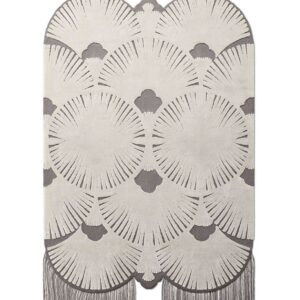 A luxurious white and grey rug with tassels.