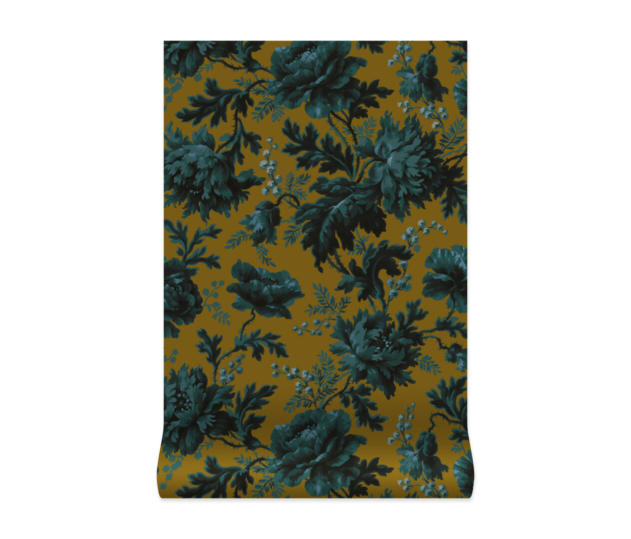 Bronze and teal, vintage floral wallpaper.