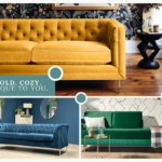 a yellow a green and a blue couch