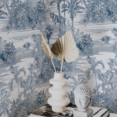 Blue and white jungle print wallpaper.