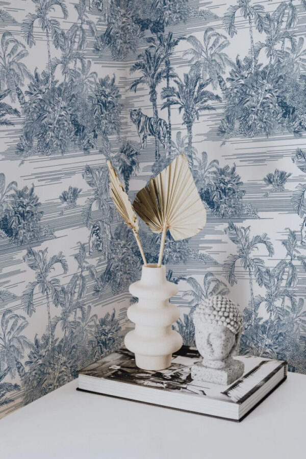 Blue and white jungle print wallpaper.