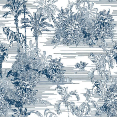 Blue and white jungle print wallpaper.