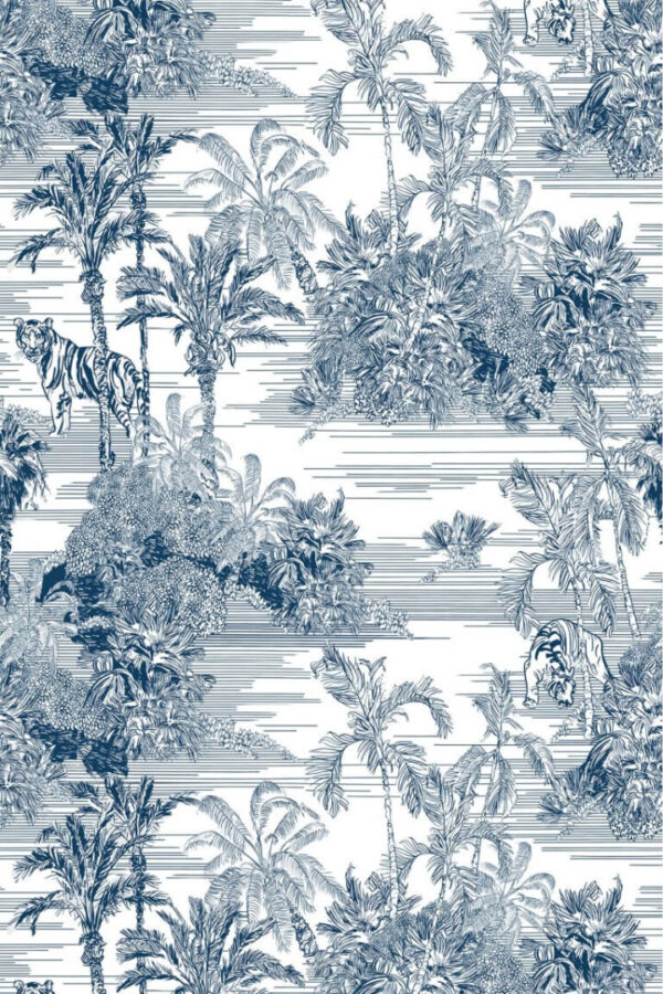 Blue and white jungle print wallpaper.