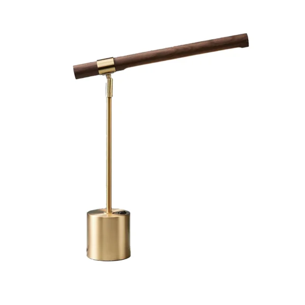 A golden and wooden table lamp.