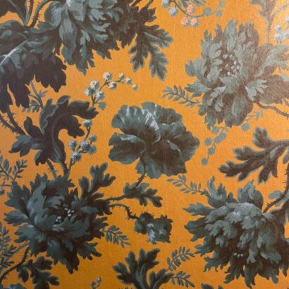 Gold and teal, vintage floral wallpaper.