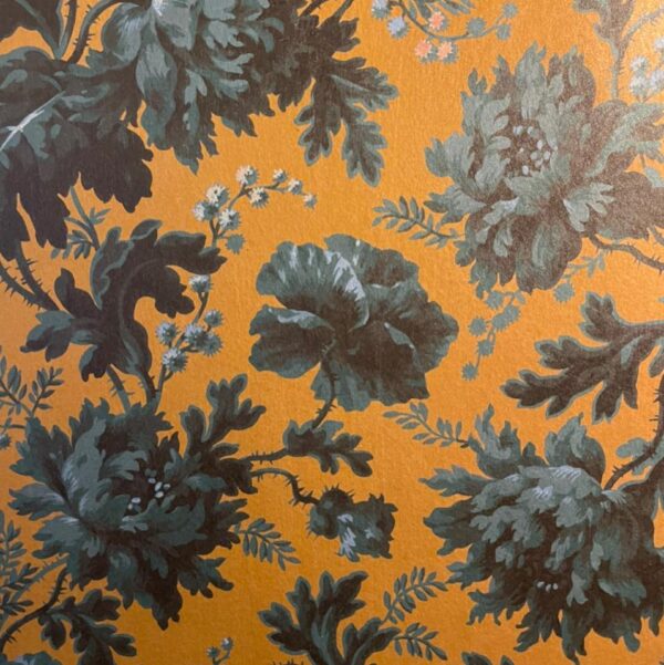 Gold and teal, vintage floral wallpaper.