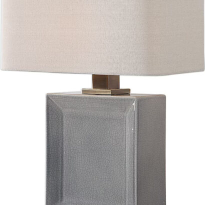 A grey ceramic rectangular table lamp.