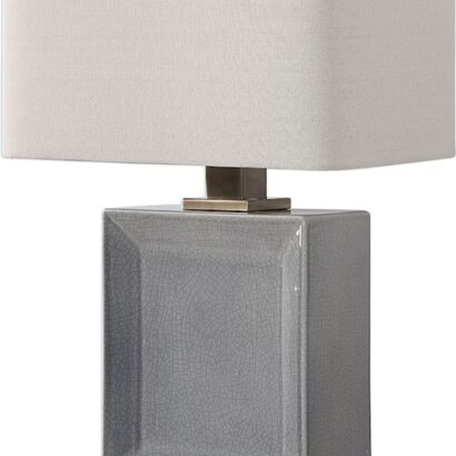 A grey ceramic rectangular table lamp.