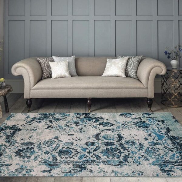 A white and blue antique pattern rug.