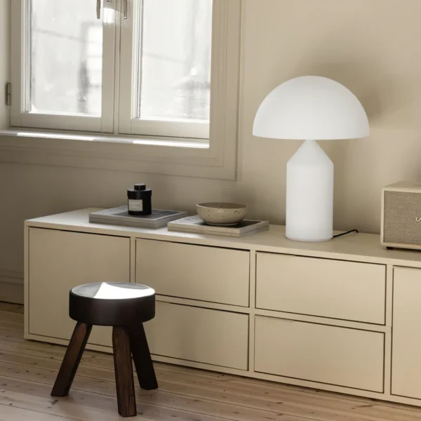 A white table lamp. A unique dome shape table lamp.