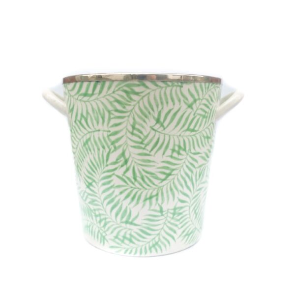 A white and green ceramic ice bucket.