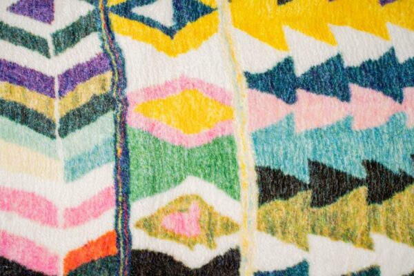 A multi-colored, eclectic patterned rug. A rug with bright colors, and diamond pattern.