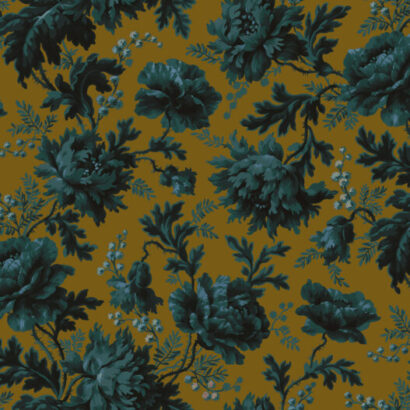 Gold and teal, vintage floral wallpaper.