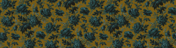 Gold and teal, vintage floral wallpaper.