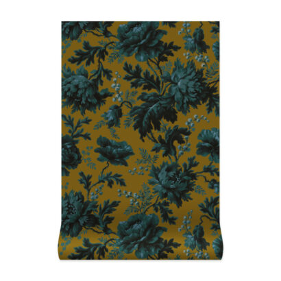 Bronze and teal, vintage floral wallpaper.