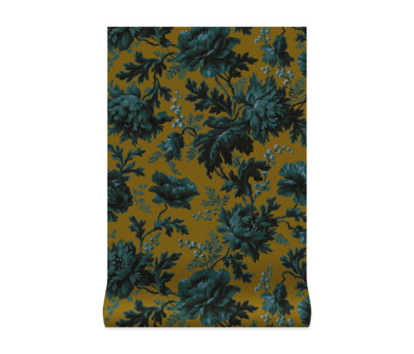 Bronze and teal, vintage floral wallpaper.