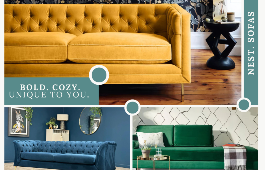 a yellow a green and a blue couch