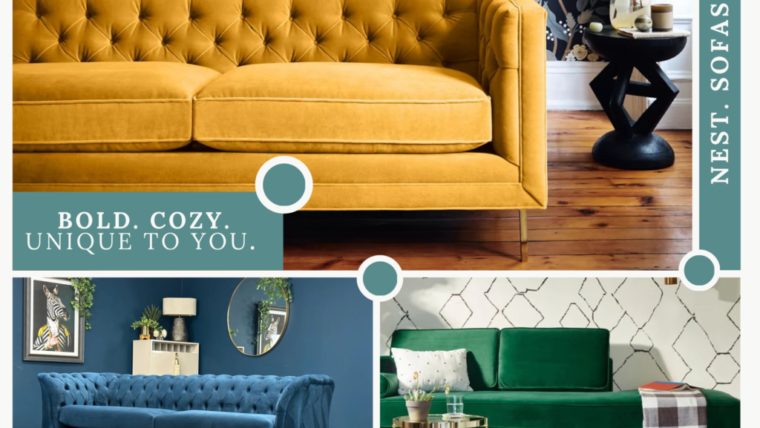 a yellow a green and a blue couch