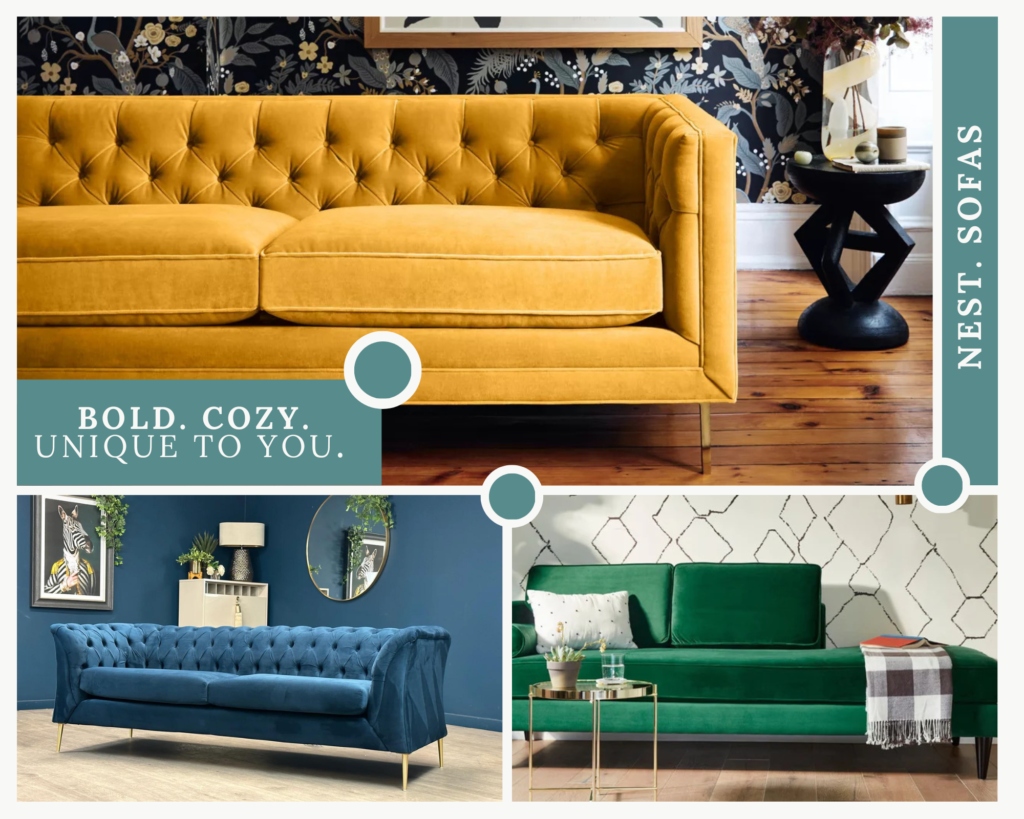 a yellow a green and a blue couch