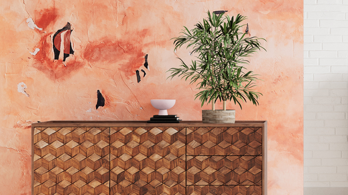 pink wall patterned cupboard