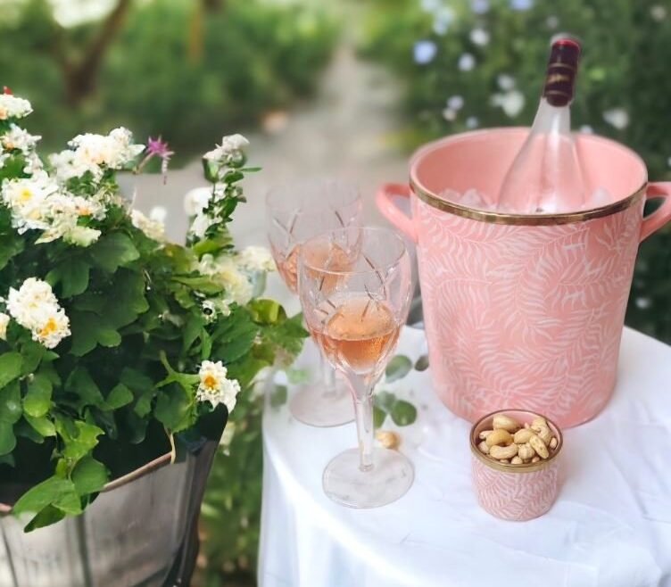 Wine glasses and ice bucket.
