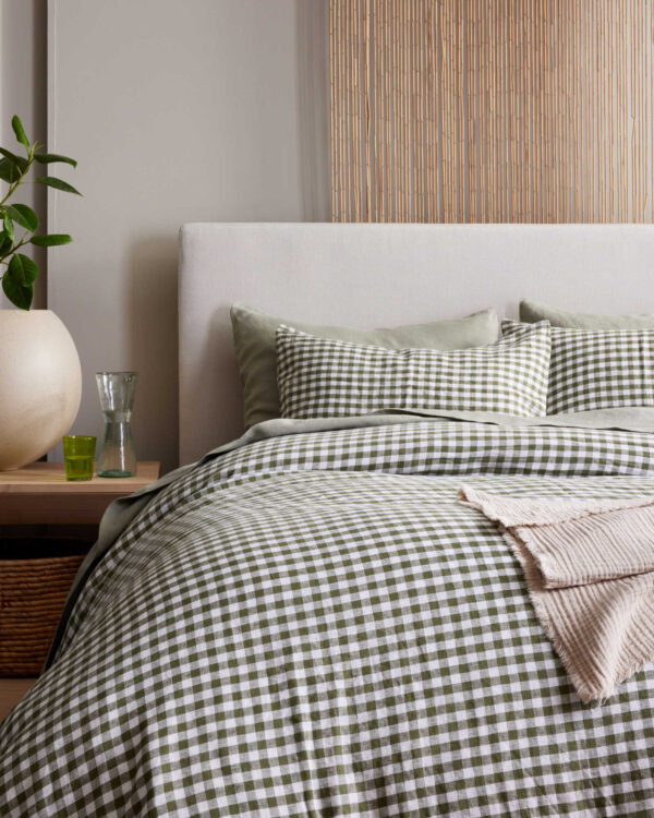 Queen Bedding Set Washed Cotton Green Gingham