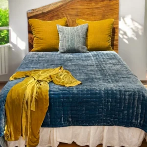 Peacock and Light Blue Reversable Mulberry Silk and Velvet Quilt King